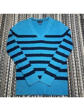 Tommy Hilfiger Women M Blue Striped V Neck Y2K Cable Knit Sweater grunge